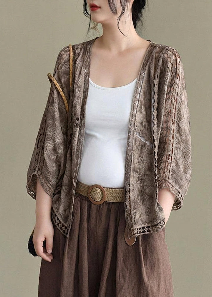 Niamh - Moderne Khaki Jacquard Hult Ut Korte Cardigans i Bomull