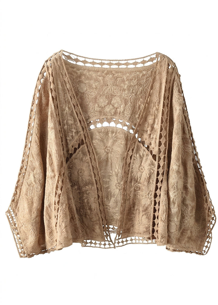 Niamh - Moderne Khaki Jacquard Hult Ut Korte Cardigans i Bomull