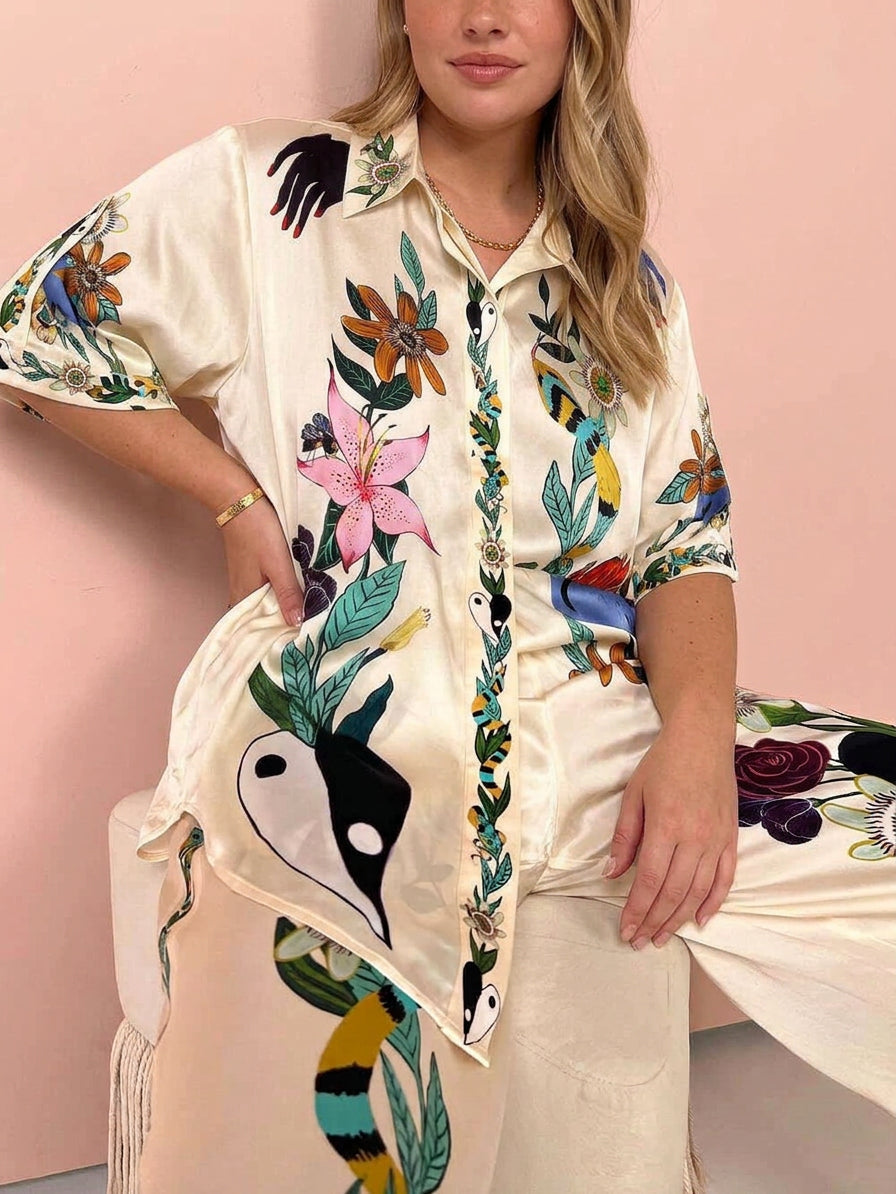 Ffion | Resort Vibes Satin unik trykk skjorte &amp; Bukse sett Passform