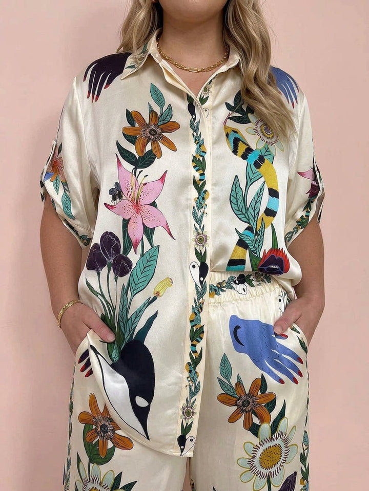 Ffion | Resort Vibes Satin unik trykk skjorte &amp; Bukse sett Passform