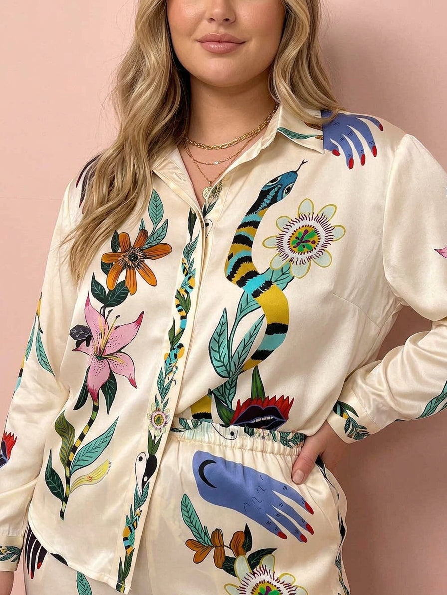 Ffion | Resort Vibes Satin unik trykk skjorte &amp; Bukse sett Passform