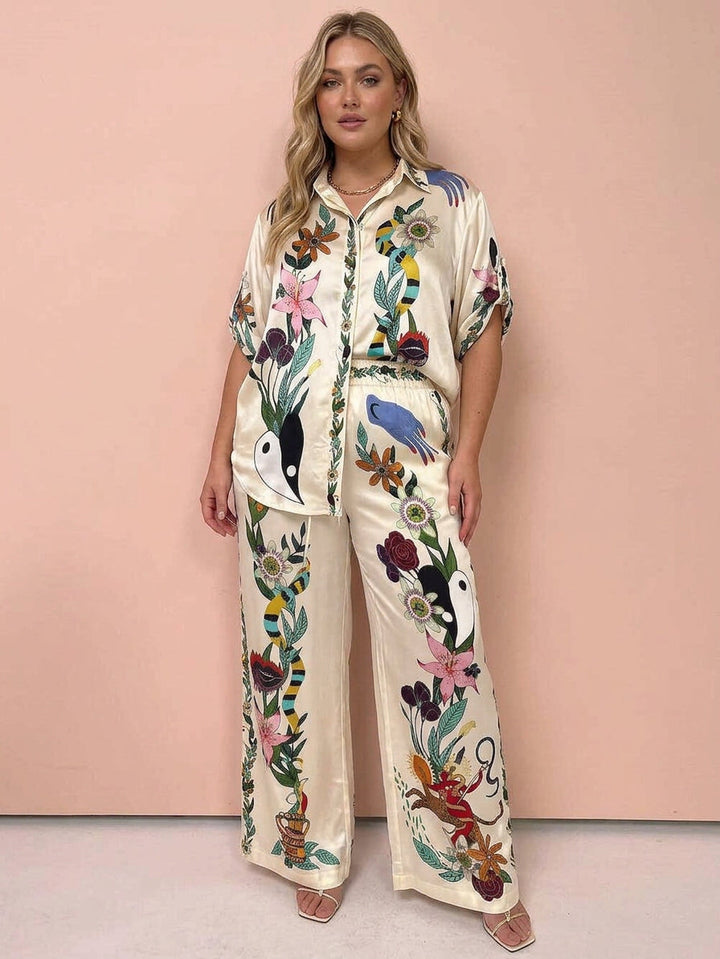 Ffion | Resort Vibes Satin unik trykk skjorte &amp; Bukse sett Passform