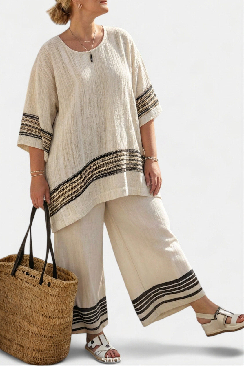 Genevieve — Elegant Linne Top Med Svarte Striper &amp; Flytende Bukser