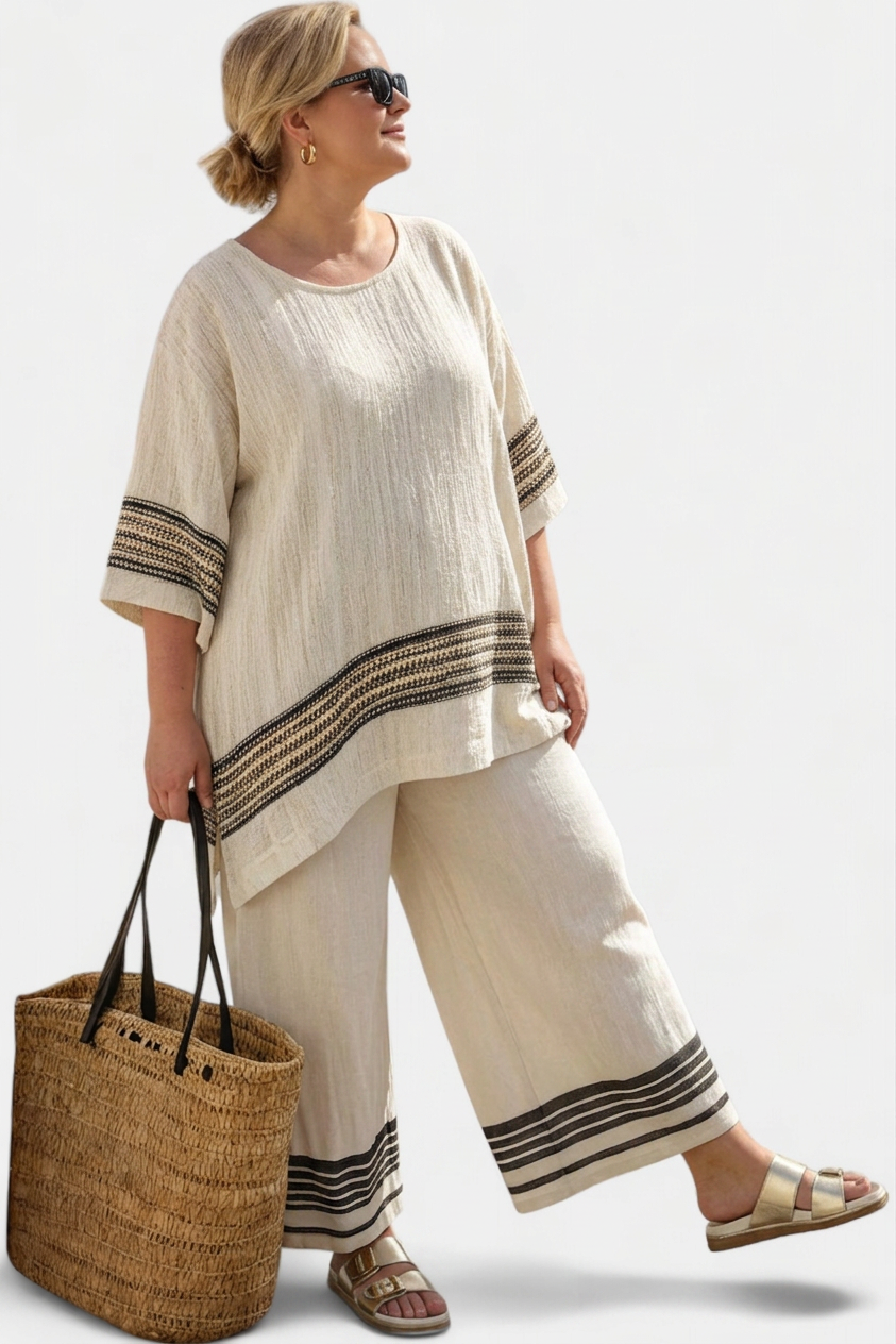 Genevieve — Elegant Linne Top Med Svarte Striper &amp; Flytende Bukser