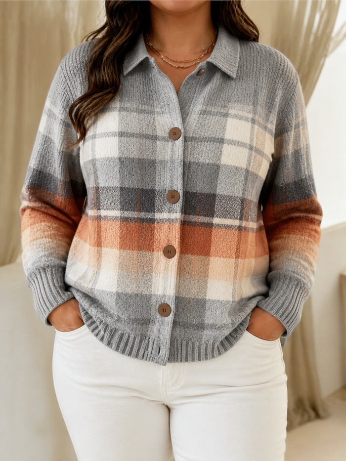 Dame Plaid Cardigan med Krage og Button-Front