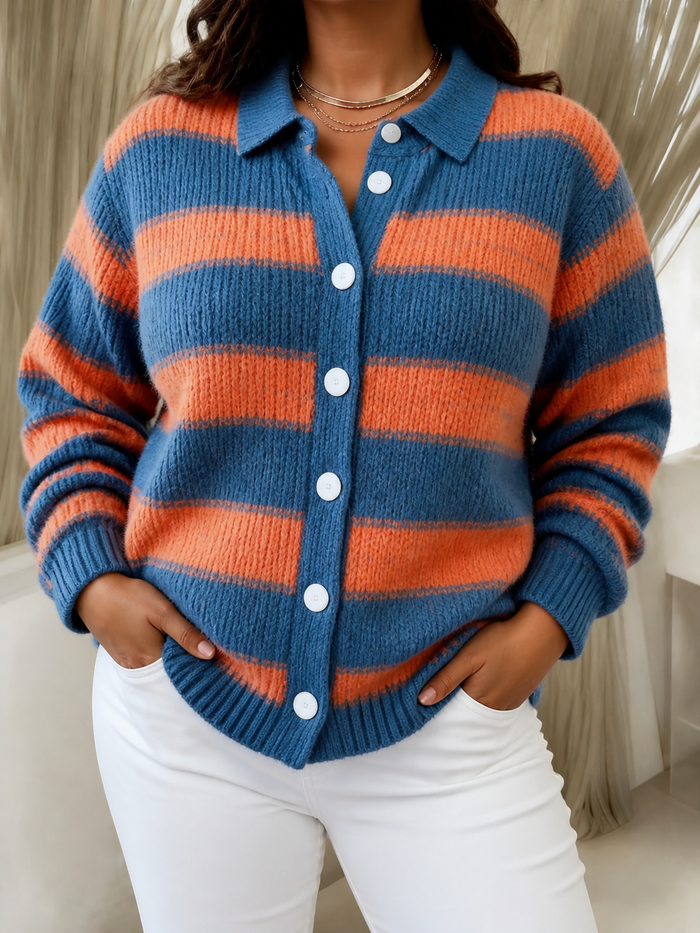 Dame Stripet Strikket Cardigan med Krage og Knapper