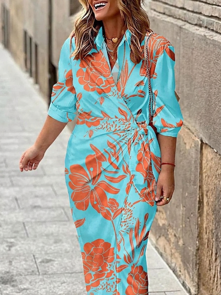 Imogen | Kvinne Chiffon Print Wrap V-Hals Belte Maxi Kjole