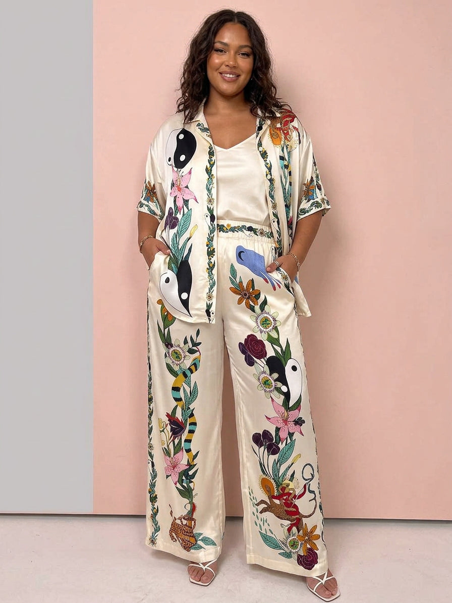 Ffion | Resort Vibes Satin unik trykk skjorte &amp; Bukse sett Passform