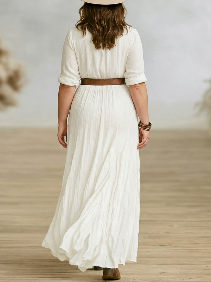 Juno | Kvinne’s Bomullsgaze Rynket Knappe-ned Maxi Kjole Boho