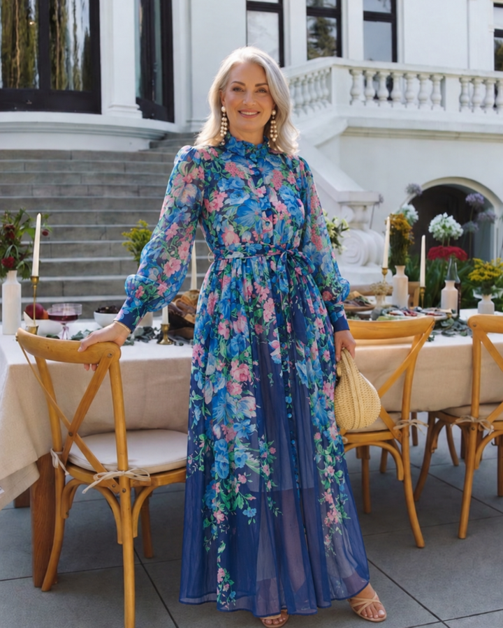 Sunniva | Blomstrete Gjennomsiktig Langermet Maxi Kjole