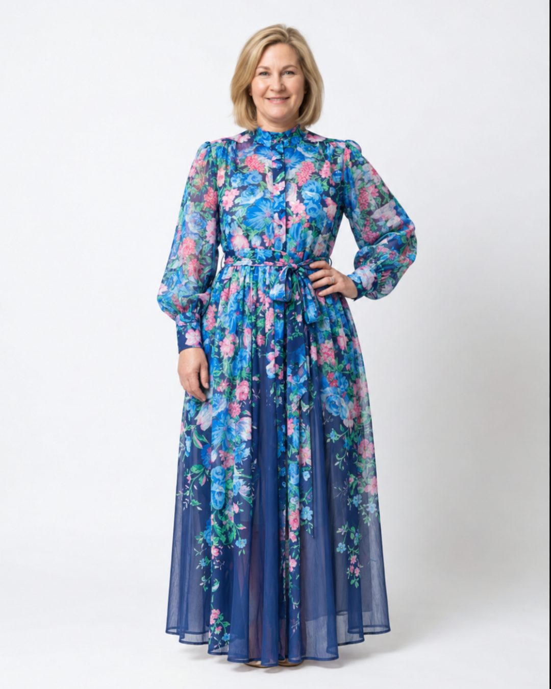 Sunniva | Blomstrete Gjennomsiktig Langermet Maxi Kjole