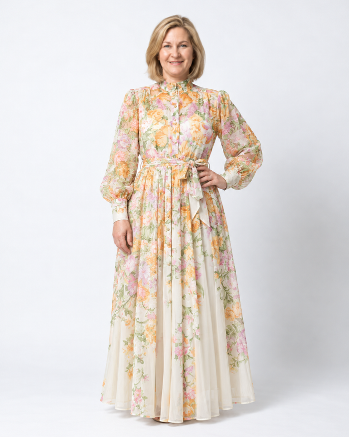 Sunniva | Blomstrete Gjennomsiktig Langermet Maxi Kjole