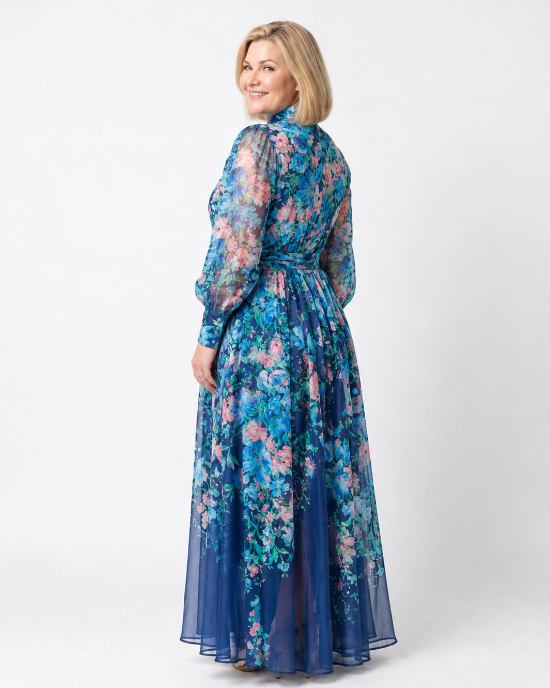 Sunniva | Blomstrete Gjennomsiktig Langermet Maxi Kjole
