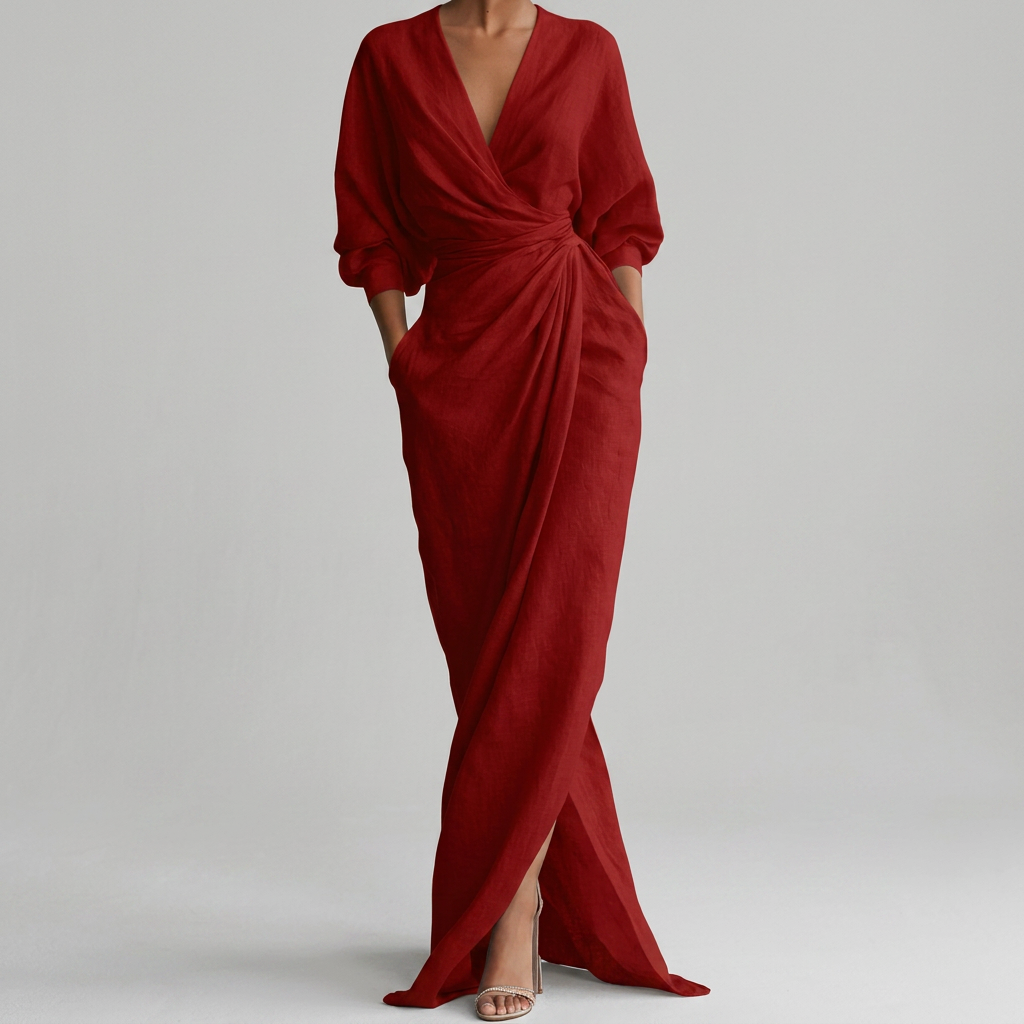 Thea Rynket Wrap-Front Langermet Maxikjole med Splitt