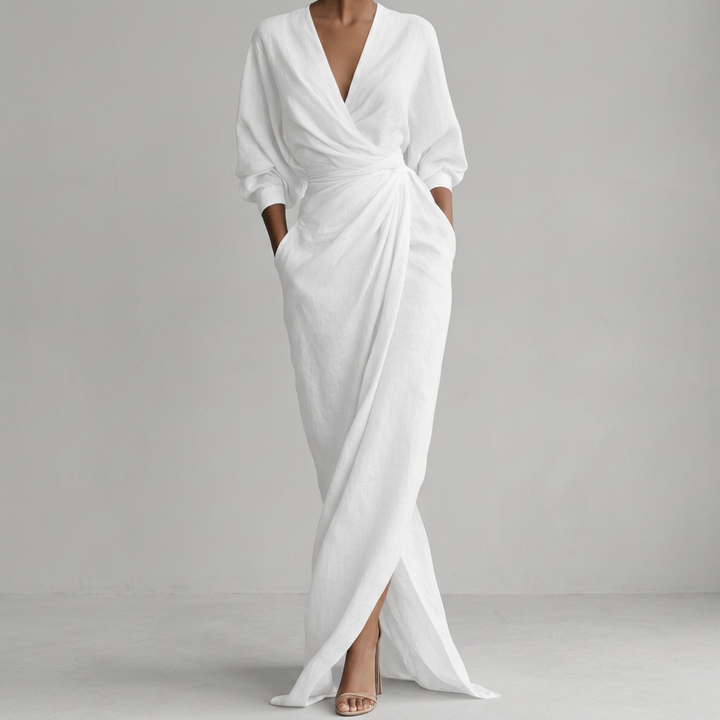 Thea Rynket Wrap-Front Langermet Maxikjole med Splitt