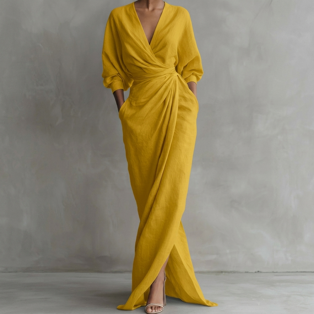 Thea Rynket Wrap-Front Langermet Maxikjole med Splitt