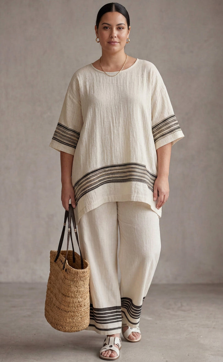 Genevieve — Elegant Linne Top Med Svarte Striper &amp; Flytende Bukser