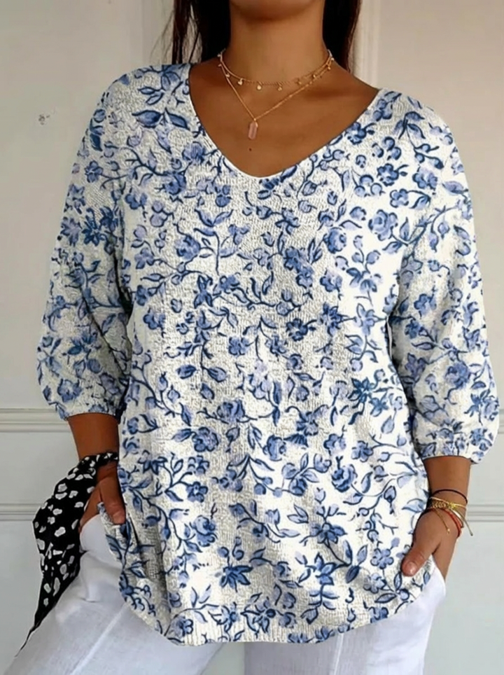 Kvinne Liten Blå Blomsterprint Casual Pullover Strikket