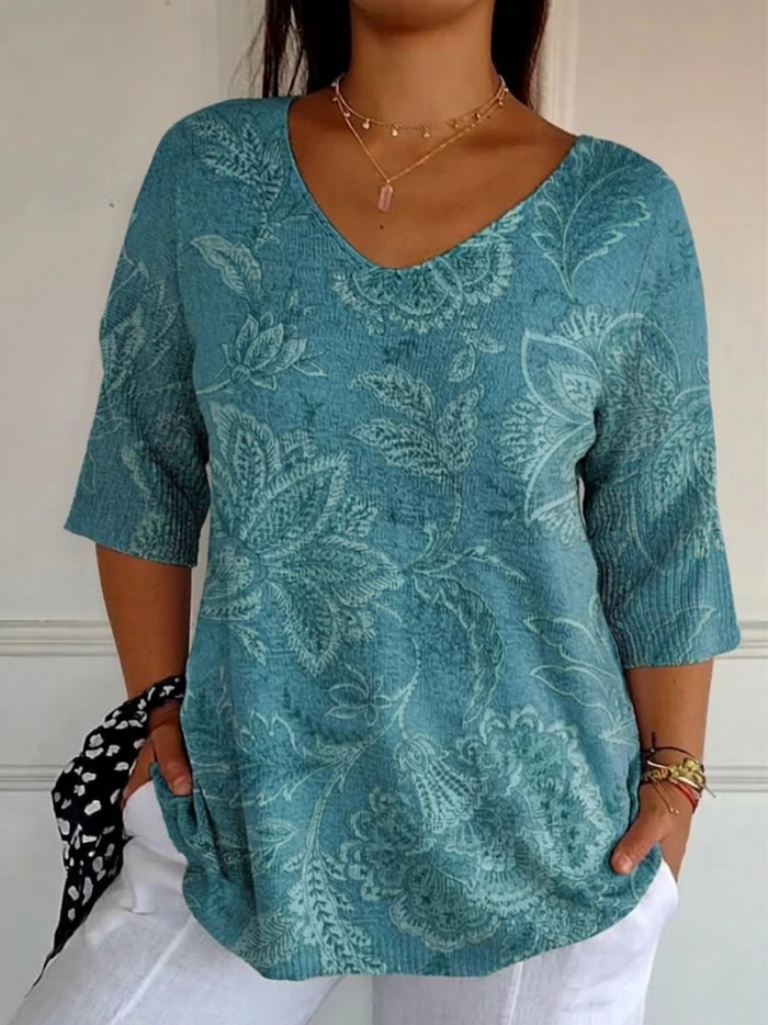 Kvinnes Vintage Etnisk Blomster Kunsttrykk Casual Pullover Strikket
