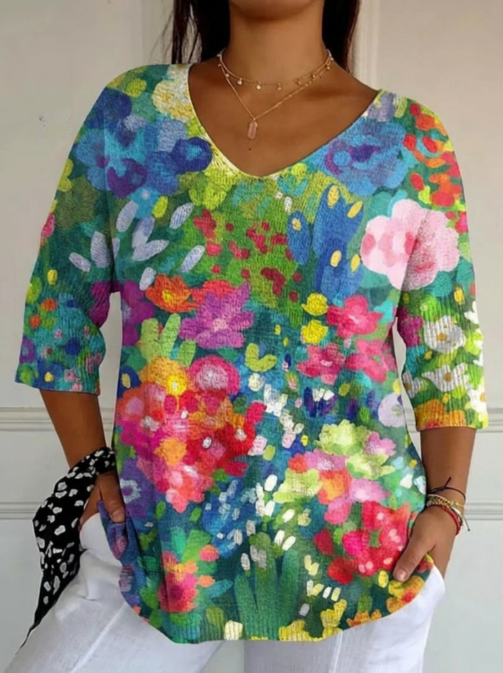 Kvinnes Vintage Nydelig Blomsterkunst Trykk Casual Pullover Strikket