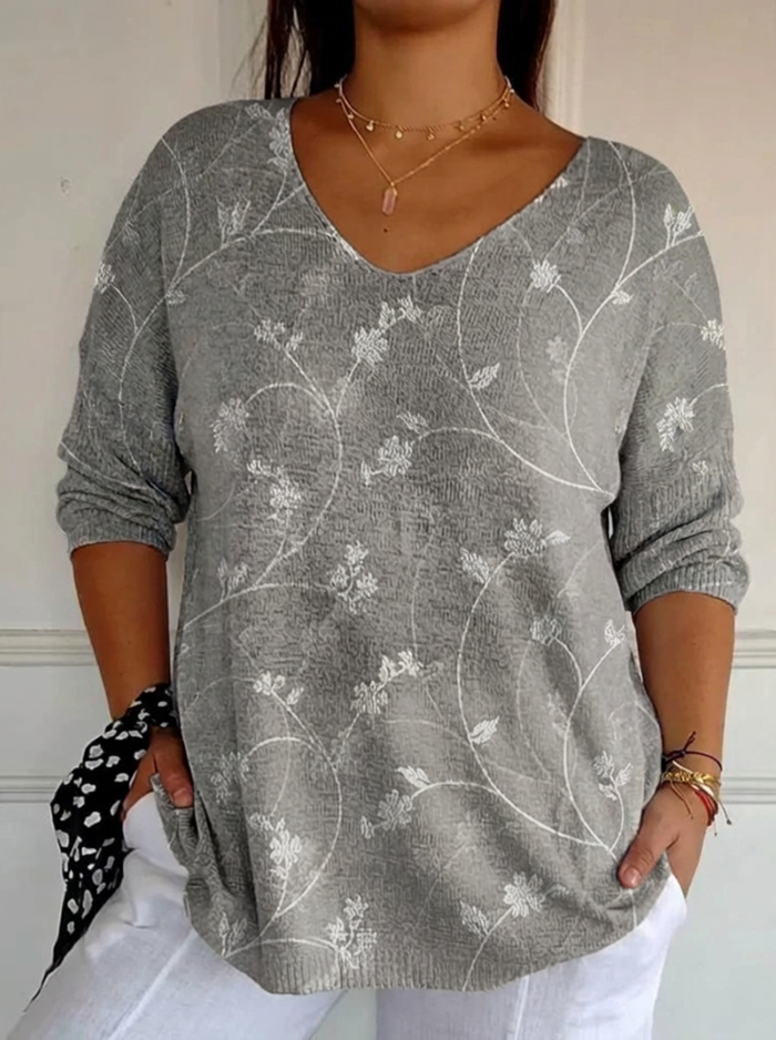 Kvinnes Vintage Blomsterkunst Casual Pullover Strikkegenser