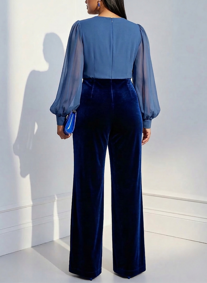 Blå mesh V-hals langermet fløyels jumpsuit