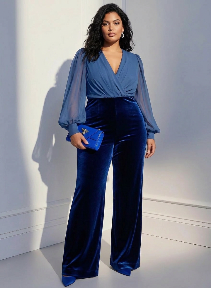 Blå mesh V-hals langermet fløyels jumpsuit