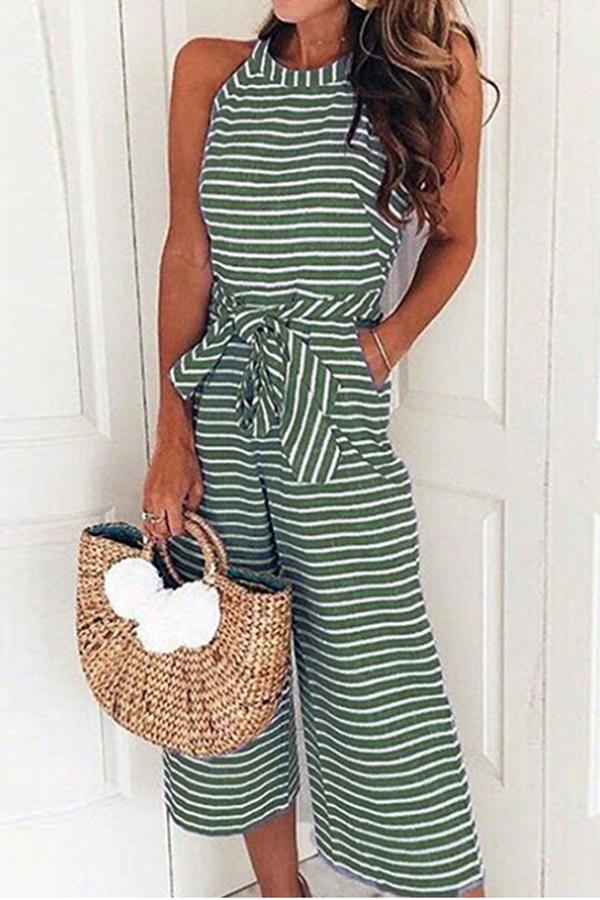 Olwen - Fin Stripete Jumpsuit med Knyting i Midjen