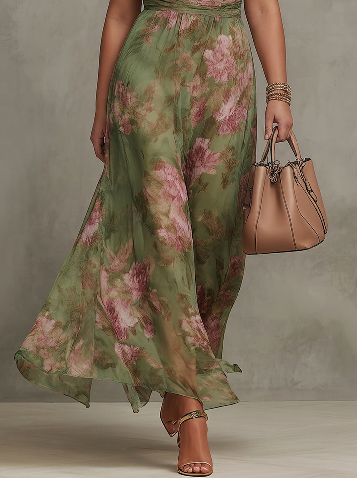 Amity | Grønn Blomstrete Chiffon Halter Maxi Kjole