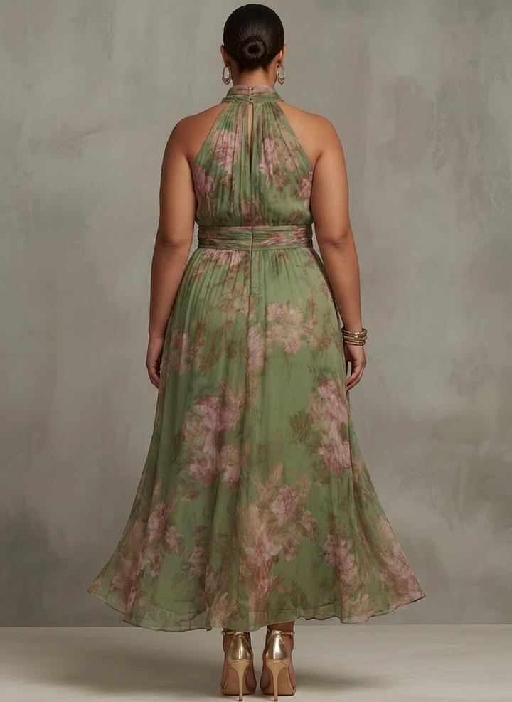 Amity | Grønn Blomstrete Chiffon Halter Maxi Kjole