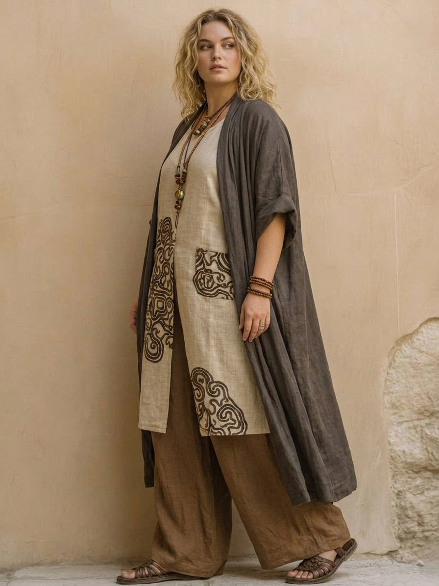 Alessia | Mørkegrå &amp; Brun Tribal Print Tre-delt Sett