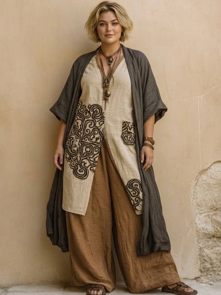Alessia | Mørkegrå &amp; Brun Tribal Print Tre-delt Sett