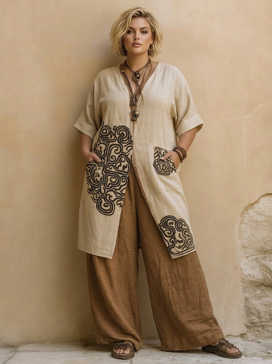 Alessia | Mørkegrå &amp; Brun Tribal Print Tre-delt Sett