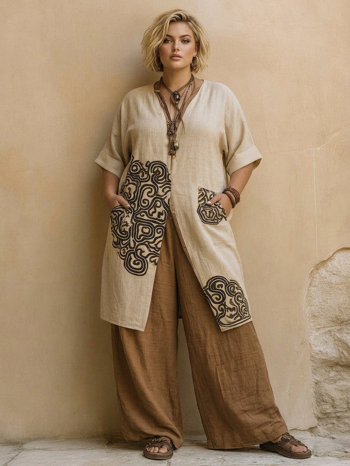 Alessia | Mørkegrå &amp; Brun Tribal Print Tre-delt Sett