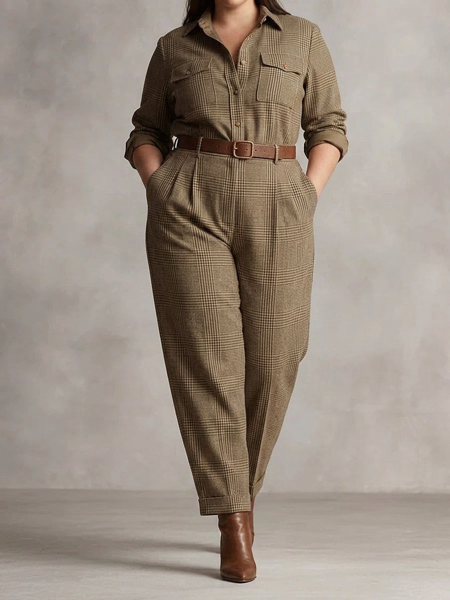 Alessia - Brun Sofistikert Rutete Jumpsuit