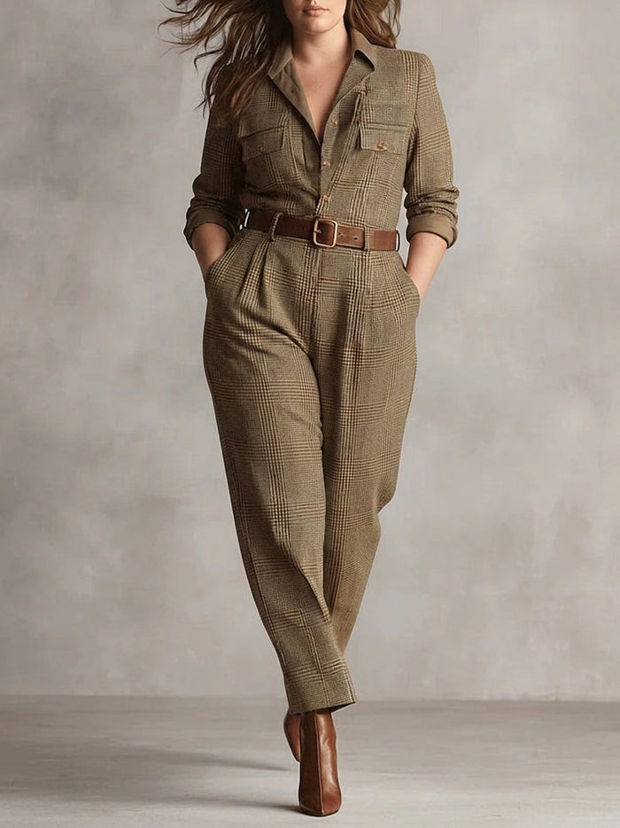 Alessia - Brun Sofistikert Rutete Jumpsuit