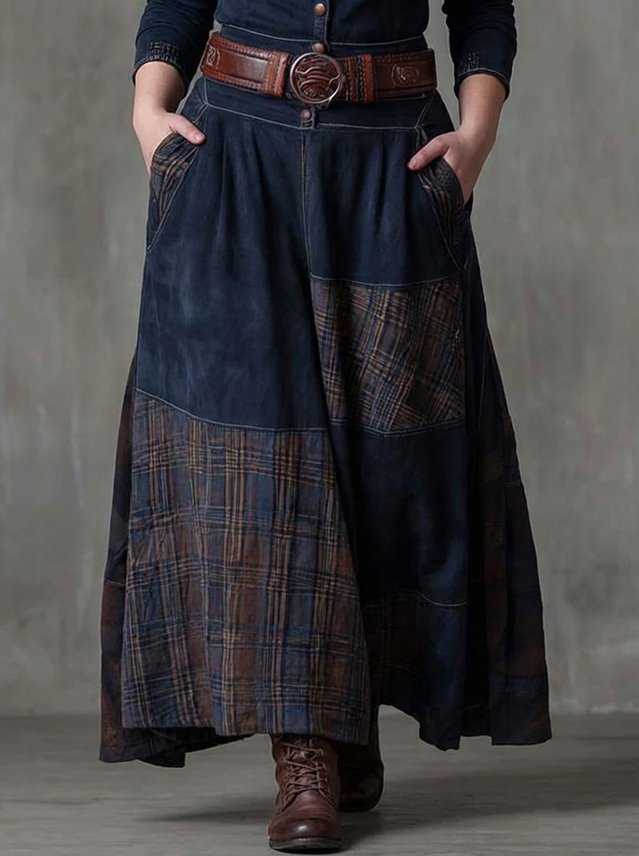MALI | VINTAGE NAVY RUTET MAXI KJOLEN