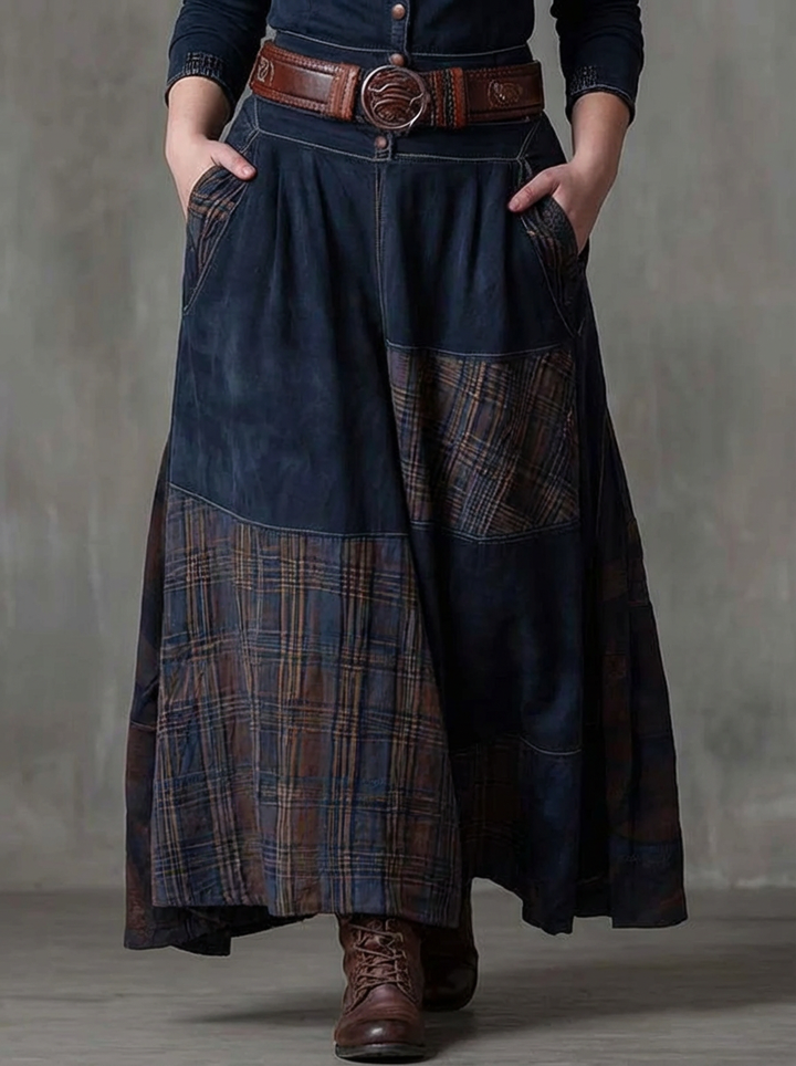 MALI | VINTAGE NAVY RUTET MAXI KJOLEN