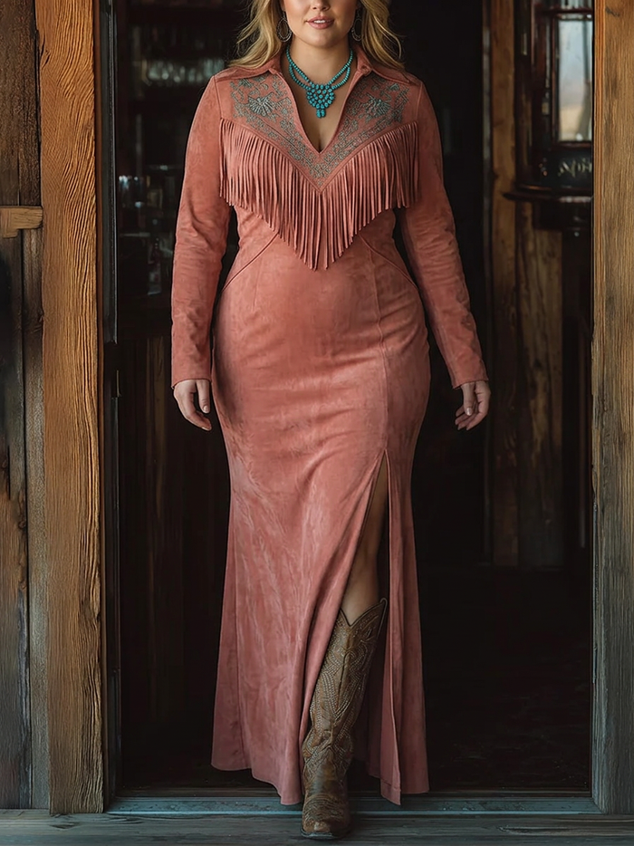 Vintage Western Franje Brodert Rosa Fusk Suede Maxi Kjole