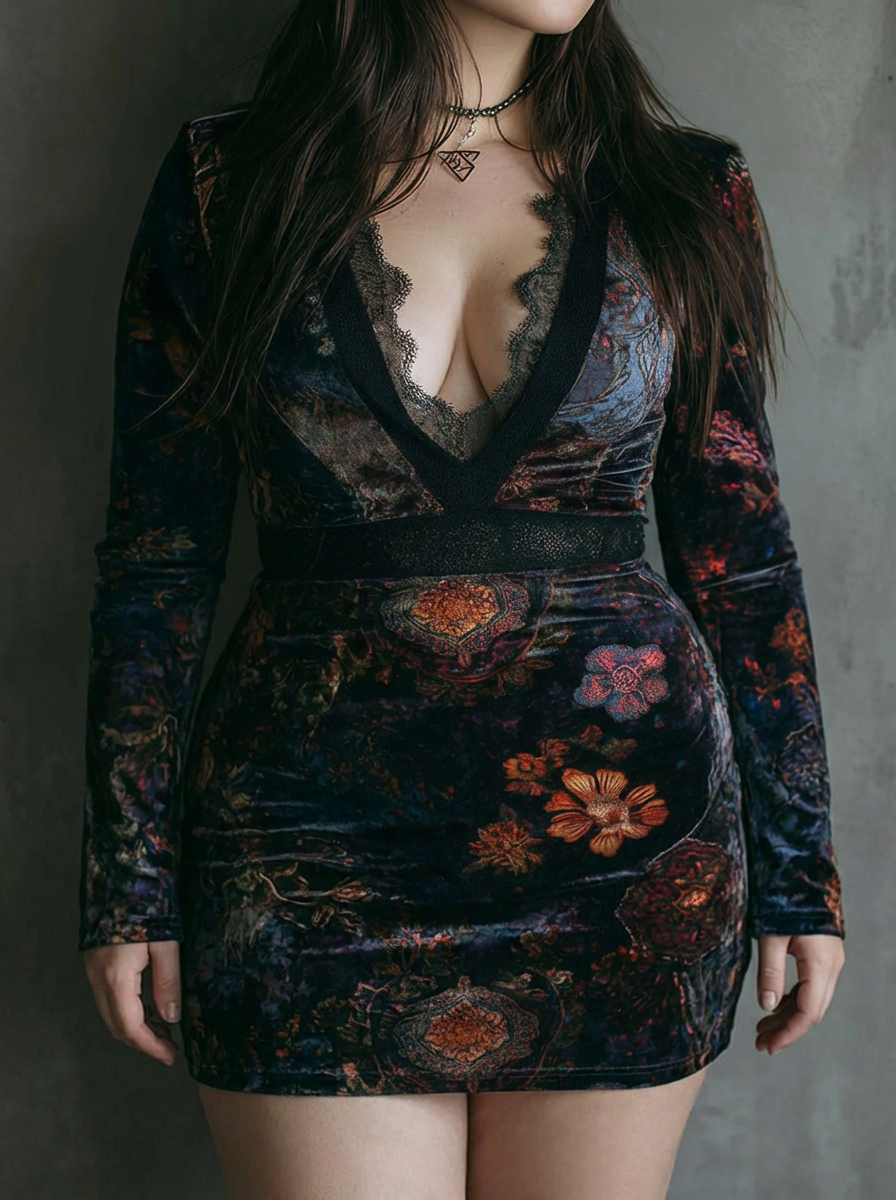 Yara | Floral Print V-Neck Velvet Lace Trim Slim-Fit Mini Dress