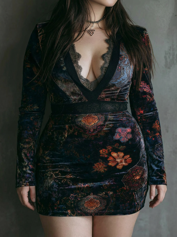 Yara | Floral Print V-Neck Velvet Lace Trim Slim-Fit Mini Dress