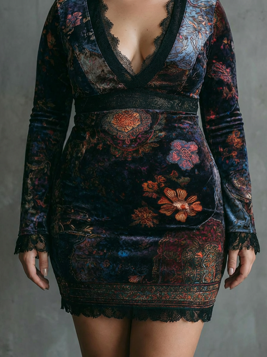 Yara | Floral Print V-Neck Velvet Lace Trim Slim-Fit Mini Dress