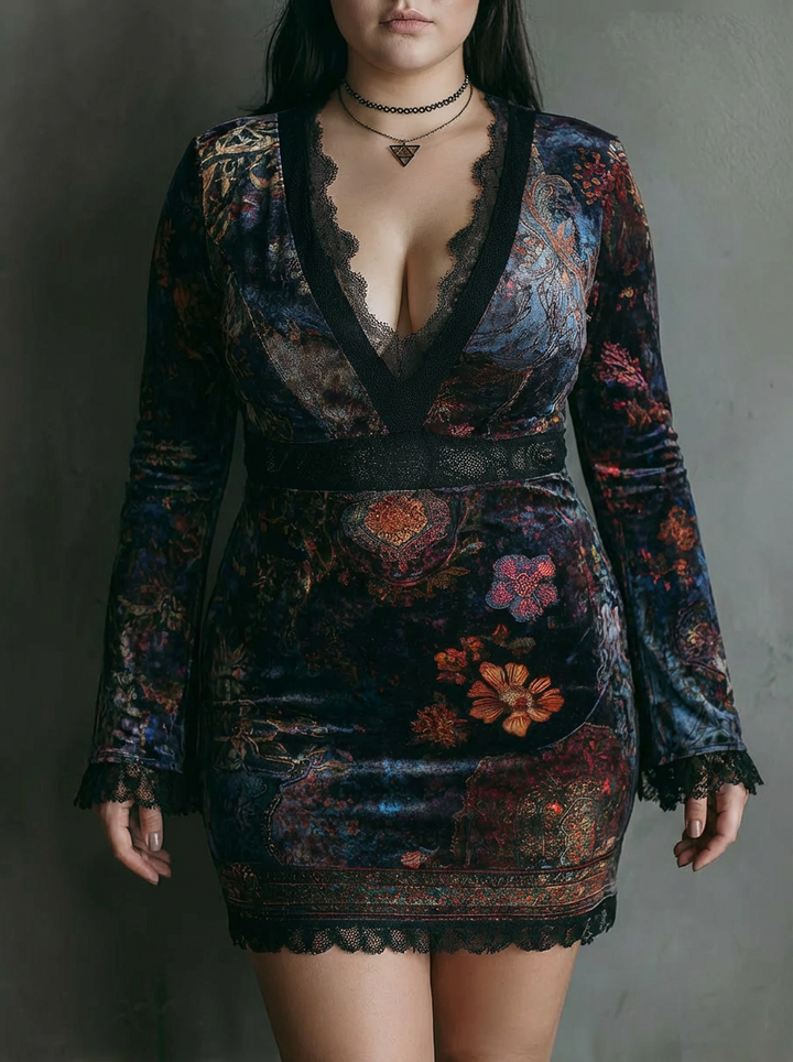 Yara | Floral Print V-Neck Velvet Lace Trim Slim-Fit Mini Dress