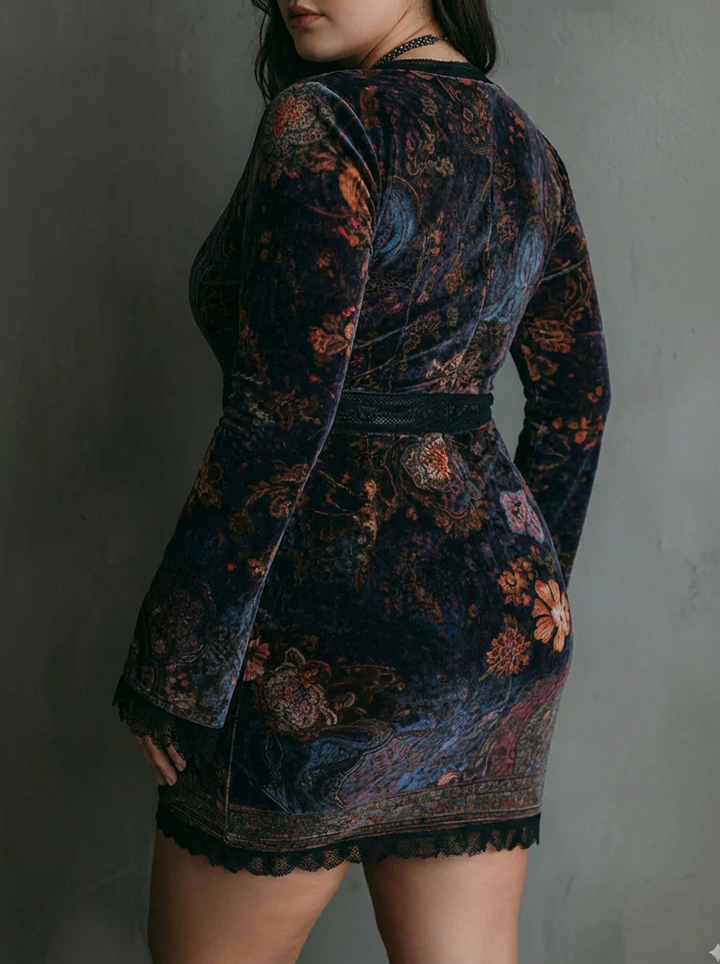 Yara | Floral Print V-Neck Velvet Lace Trim Slim-Fit Mini Dress