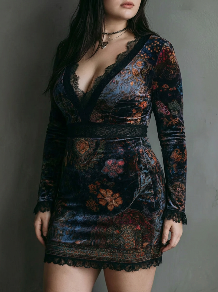 Yara | Floral Print V-Neck Velvet Lace Trim Slim-Fit Mini Dress