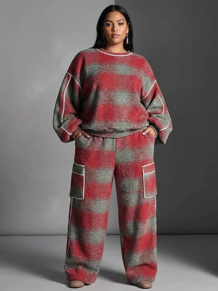Rød og Grå Rutete Fargeblokkert Sweatshirt og Casual Bukser To-dels Sett
