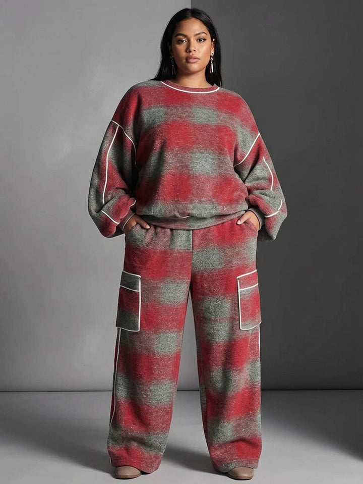 Rød og Grå Rutete Fargeblokkert Sweatshirt og Casual Bukser To-dels Sett