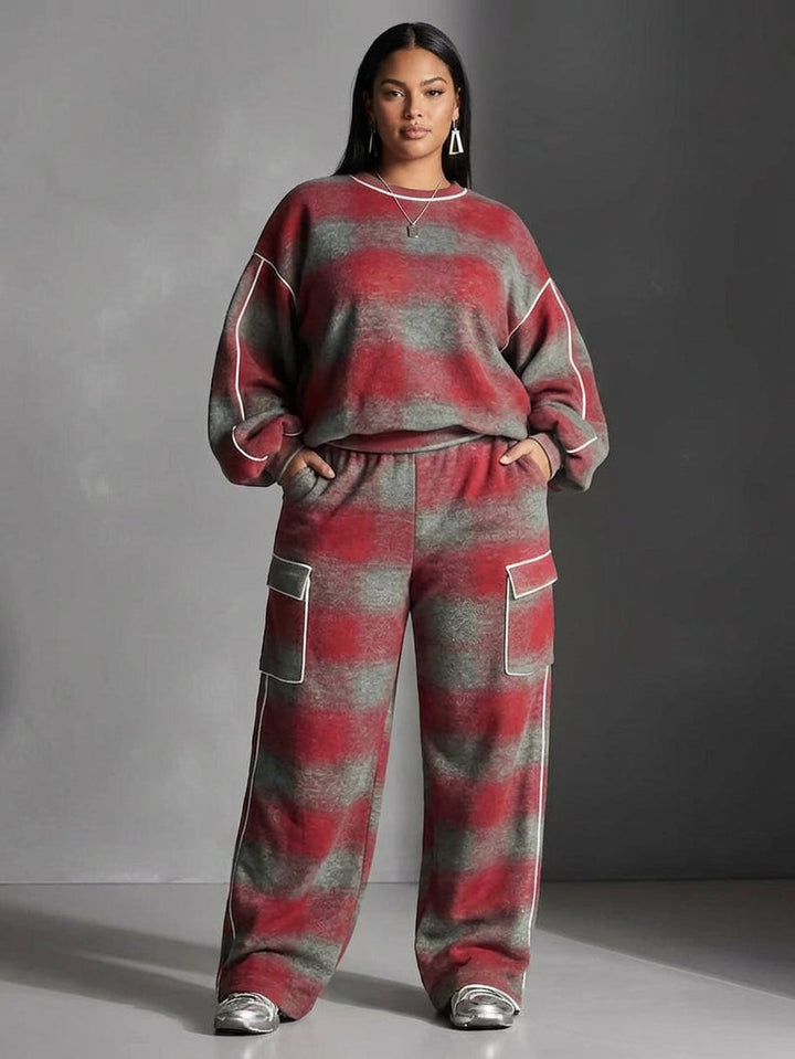Rød og Grå Rutete Fargeblokkert Sweatshirt og Casual Bukser To-dels Sett
