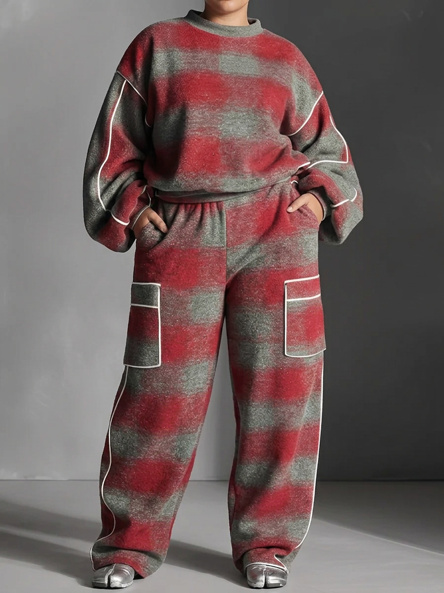 Rød og Grå Rutete Fargeblokkert Sweatshirt og Casual Bukser To-dels Sett