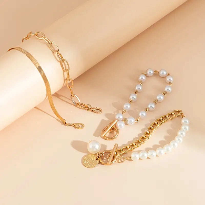 Fauna Gold 4-delt Armbåndsett - Slange, Perler &amp; Lenker | Gull